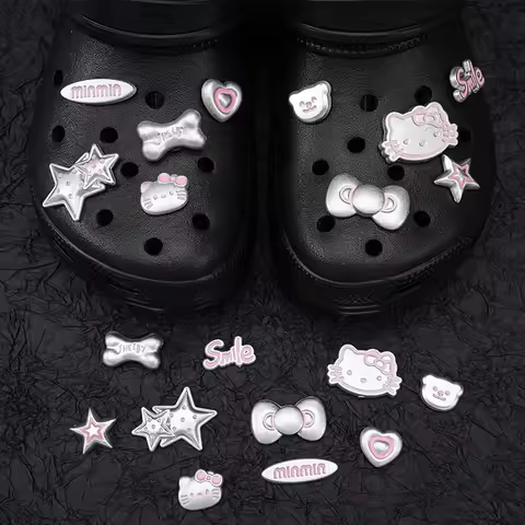 New Silvery Hello Kitty Shoe Charms Accessories Cute DIY Fashion Shoe Charms Heart Bow And Bone Sand