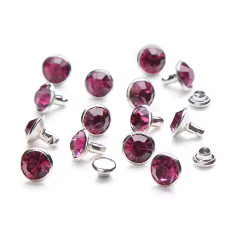 100Sets 6mm&8mm Crystal Fuchsia Rhinestone Rivets Silver Metal Base Studs Clothing Bag Leathercraft 