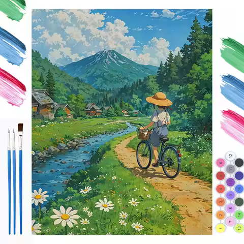 Acrylic Paint By Numbers Countryside Cycling Scenery,painting By Numbers on Canvas Coloring By Numbe