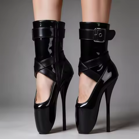 7 Inch Fetish Heels Ballet High Heel Boots Red Patent Leather Buckle Strap Side Zip Extreme Stiletto