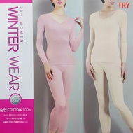 2-Pack 100% Cotton Winter Thermal Long Johns Set (Top & Bottom), Pink + Beige
