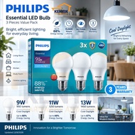 PHILIPS 3PCS 9W / 11W / 13W E27 Essential LED Light Bulb – Cool Daylight, Energy Saving, 15,000H, 3 