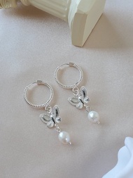 925 純銀 鍍18K金 蝴蝶耳環 ~ 垂墜珍珠耳環 ~ 耳扣耳環