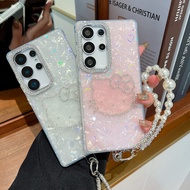 IMD Laser Pattern Phone Case For Samsung 24 25 FE Plus Ultra Fashion Kitty Cat Diamonds pearl Lanyar