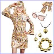 ▥ ✧ 70s Women Disco Dress Hippie Costumes Necklace Earrings Glasses, 60's 70's Birthday Outfits, 19