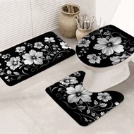 ชุดสำหรับห้องน้ำ ลายดอกไม้ด้านดำและขาว 3 ชิ้น: แผ่นปูพื้นห้องน้ำ, พรม, ที่ปูกันลื่น, ดูดซึมน้ำ สำหรั