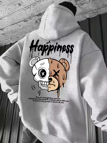 Vintage Streetwear Hoodie Men Skeleton Half Bear Drip Graphic Print Retro Typography Oversized Autum