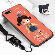 Jinsouwe เคสมือถือเคสโทรศัพท์เคส Huawei Y7 Pro 2019 / Y7 Prime 2018 / Y7 Pro 2018 (แหวนนิ้วมือ + Lanyard) การ์ตูนสาวน้อยสำหรับหญิงปลอกซิลิโคน TPU เคสโทรศัพท์ S