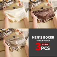 3PCS Combo Mens Underwear Ice Silk Satin Antibacterial Boxer Shorts Luxury Smooth Breathable Flat Sh