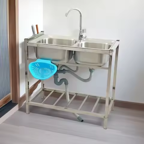 DurableStainless Steel Kitchen Sink with Floor Bracket Double Slot 77x39x75cm Vegetable Basin And Si