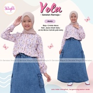 COD Setelan Anak Remaja Perempuan Kemeja Motif Dan Rok Panjang Jeans Yola Set