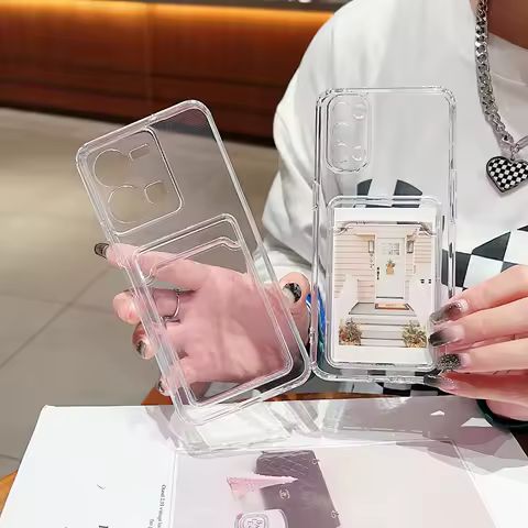Fashion Card Bag Wallet Clear Case For Tecno POP Air POP 4 Lite 5 Lite POP 6 Pro 7 POP 8 Transparent