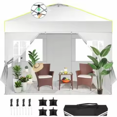 10x10 One Push Pop Up Canopy Tent 4 Walls 3 Height Air Vent Waterproof UPF50 Bag Sandbag Rope Weddin
