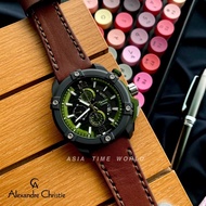 [Original] Alexandre Christie 6613 MCLTBGN Chronograph Men Watch with Green Dial Brown Genuine Leather