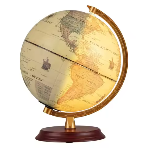 8 Inch Illuminated World Globe Antique Night up Globe Lamp Wooden Stand HD Map