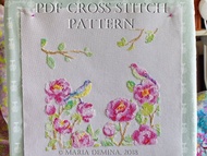 水彩鳥牡丹PDF十字繡圖案/靠墊/抱枕鳥花十字繡