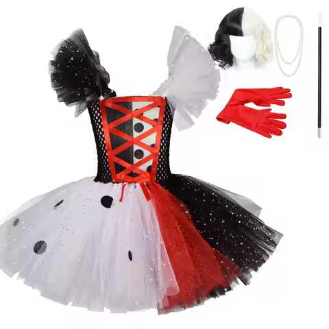 Black White Cruella Girls Costume Dalmatians Tutu Dress for Kids Villian Cruella De Vil Halloween Ou