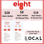 Eight (8) Telecom Renewal / Recharge | $28 / $18 / $8 | Main Wallet / Renew