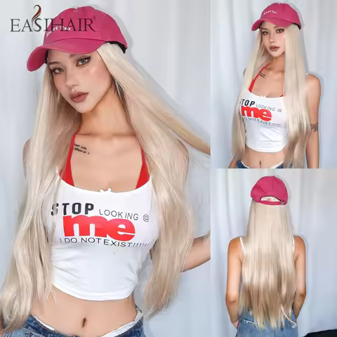 Long Straight Blonde Synthetic Hat Wigs Pink Baseball Cap With Hair Extensions One Piece Women Use A