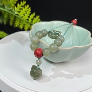手撚 和田玉且末藍啞光老型珠 配 湖水綠醒獅頭 朱砂富甲天下