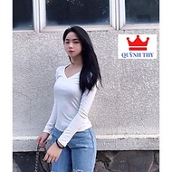 Áo thun nữ cổ tim tay dài , áo thun trơn cotton đẹp, dễ mặc dễ phối đồ, mặc bốn mùa