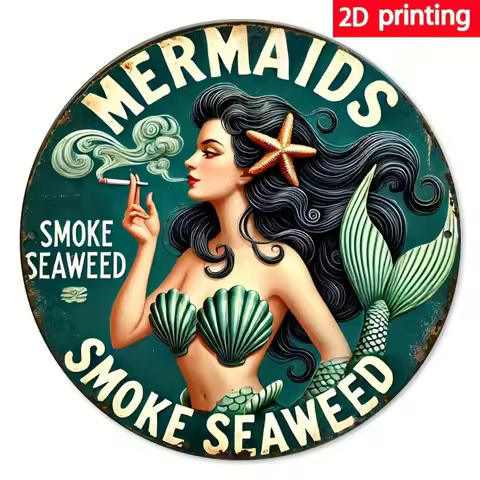 Vintage Mermaid Seaweed Wall Art, 8x8 Inch (20x20cm) - Durable Wood, Easy to Hang, Retro Bedroom & K