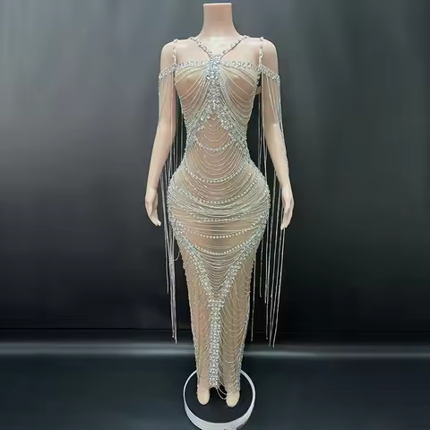 High End Shiny Rhinestone Chain Fringe See Through Mermaid Formal Dress Wedding Engagement Birthday 