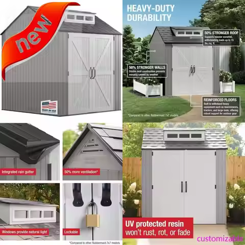 2025new-Weatherproof Gray Rubbermaid Resin Storage Shed with Floor - 7x7 Ft Outdoor Organizer for Ho