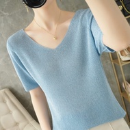 Hemp Ice Silk V คอสั้นเสื้อ \ \ \ \ \ \ \ \ \ \ \ \ \ \ \ \s เสื้อยืดหลวม Fit ครึ่งแขน Bright Silk เ