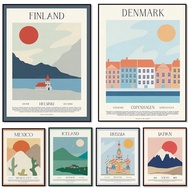 Reka bentuk poster perjalanan dunia: Iceland, Thailand, India, Russia, Denmark, Japan | Seni dinding