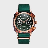 MEIBIN美賓 M1260M 時尚方形琥珀色外框帆布帶手錶 - 綠色