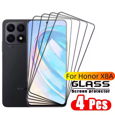 4pcs For Honor X8a Glass Honor X8a Tempered Glass Protective Full Cover Glue 9H HD For Screen Protec