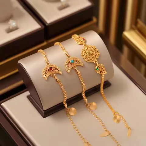 Girls Moon Shape Copper Gold Plated Bracelet Middle East Arabic Fashion Chain Bangle for Women