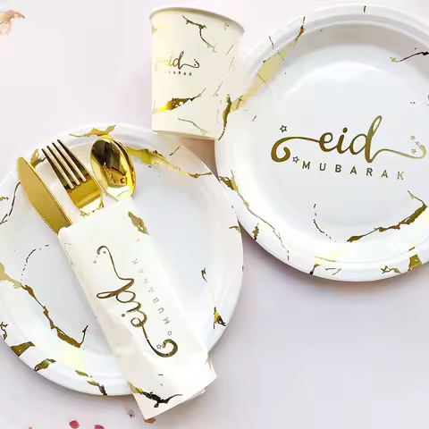 Ramadan Decoration 2025 Disposable Tableware Eid Mubarak Paper Plates Cups Ramadan Kareem Decor Isla