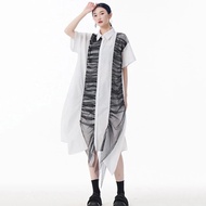 XITAO Pleated Single Breasted Turn-down Collar Dress Mesh Short Sleeve Asymmetrical A-line Summer Wo