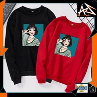 MALAYSIA UP📣(AZWAR SHOP) Women's Long Sleeve Scissors Hand Selfie Printed Casual Pullover Top Korea