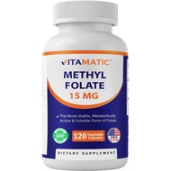 Vitamatic Methyl Folate 15mg – 120 Vegetable Capsules Optimized and Activated High Potency – Metabol