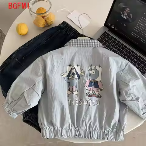 Boy Cartoon Outdoor Clothes for Children Japan 2026 Spring Autumn New Plaid Jacket Girl Reversible K