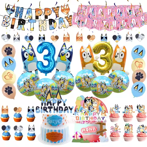 Cartoon Bluey Birthday Party Decoration Bluey Family Aluminum Balloons Set Banner Cake Topper Kids B