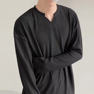 Hanlu áo thun nam cổ tròn Áo thun tay áo dài cổ chữ V dáng rộng áo len thường ngày đẹp thời trang áo