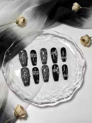 10 Medium-Length Trapezoidal Nails, Black as the Base Color, with Silver Brushed Texture Metal Beads