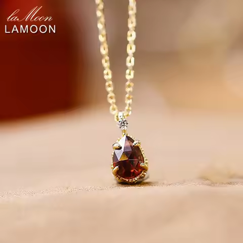LAMOON Natural Gemstone Garnet Necklace for Women January Birthstone S925 Sterling Silver Gold Plate