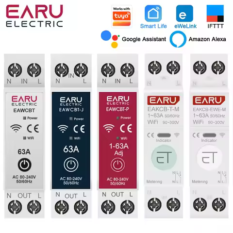 Tuya eWeLink WiFi Smart Circuit Breaker MCB 1P+N 63A Timer Relay kWh Voltage Current Meter Protector