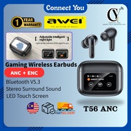 AWEI T56 ANC Tws Smart Touch Screen Earbuds Bluetooth Earphone True Wireless Gaming Noise Cancelling