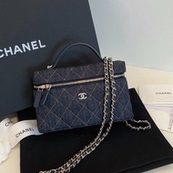 近新品 香奈兒/Chanel 新款單寧Lp盒子包 深藍色牛仔橙色縫線 手擰斜背包