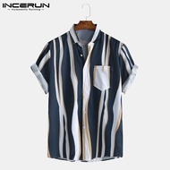 (Western Style) INCERUN Mens Vintage ลายทางแขนสั้นเสื้อลำลองเสื้อสตรีปาร์ตี้เสื้อ T