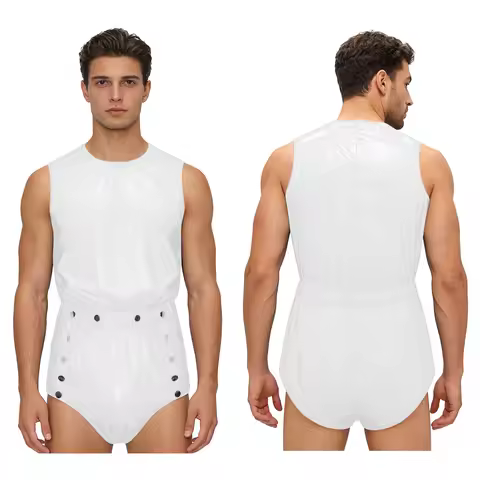 Mens Sleeveless Glossy PVC Leather One-piece Romper Jumpsuit Waterproof Bodysuit Buttons Openable Cr