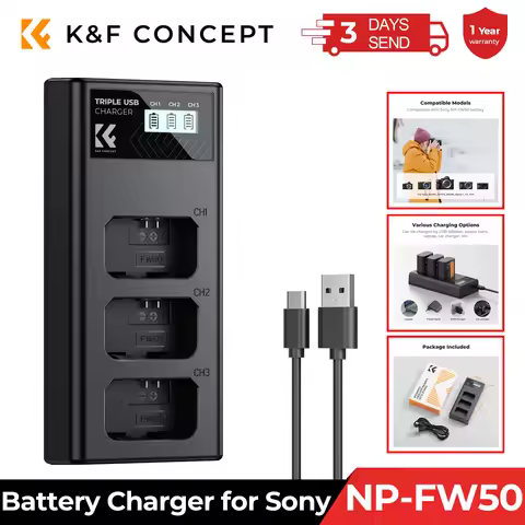 K&F Concept NP-FW50 Charger 3-Slot ZV-E10 Battery Charger with LCD Display for Sony A6400 A6600 ZV-E