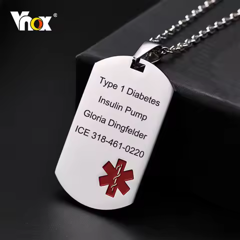Vnox Personalized Engrave Diease Names ICE Info Medical Necklaces,Stainless Steel Dog Tag ID Pendant
