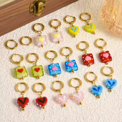 1Pair Korean Styles Cute Colorful Glass Heart Pendant Hoop Earrings Harajuku Y2K Girl Sweet Love Aes